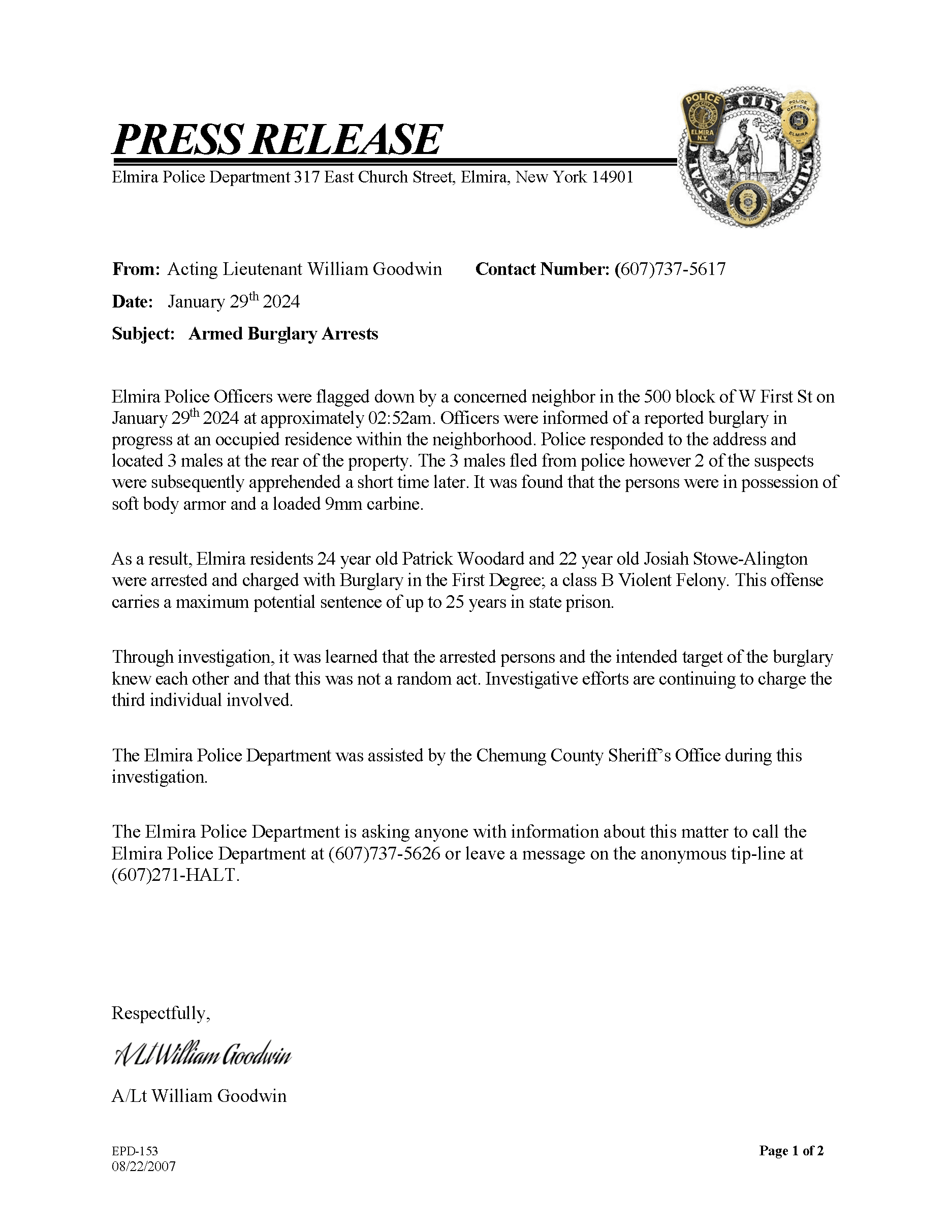 Armed Burglary Press Release Document in picture format 