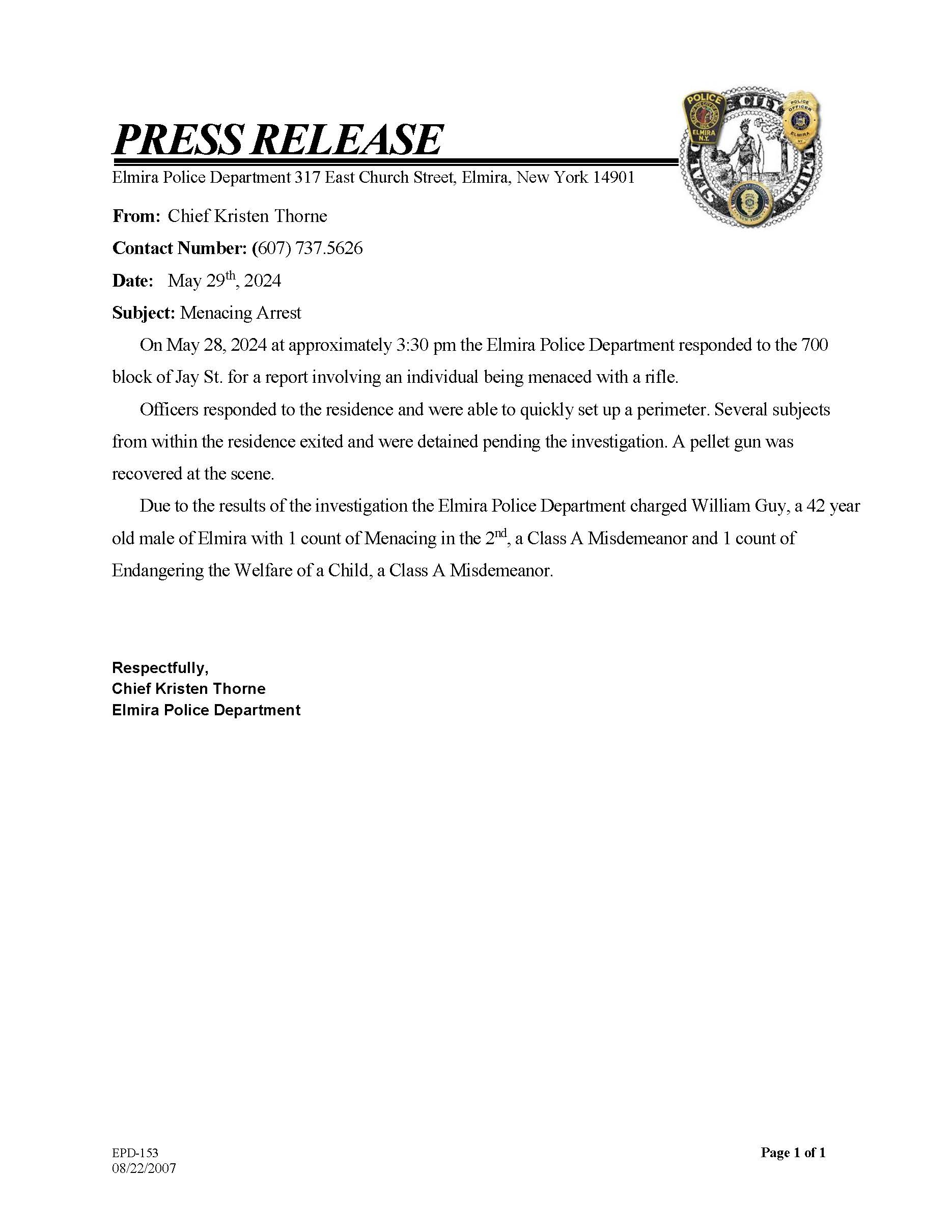 Press Release-Menacing-Endangering the Welfare of a Child Arrest 05-28-2024