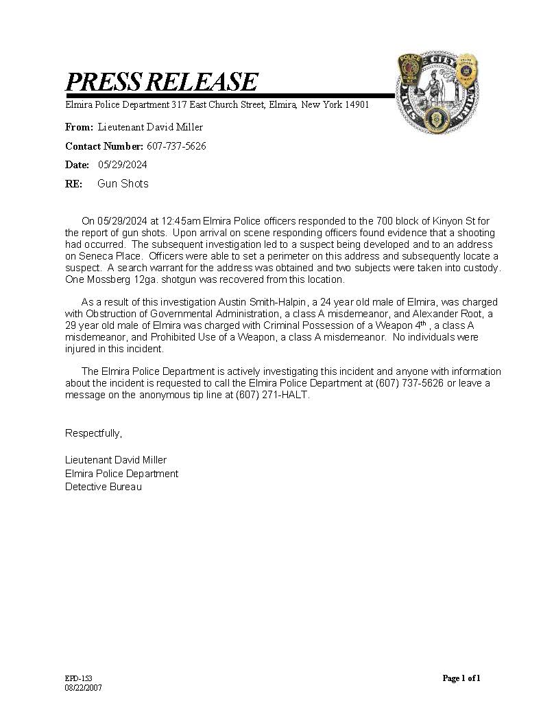 Press Release Kinyon St.  Gun Shots_